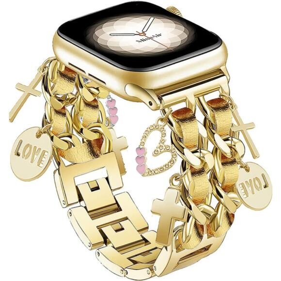 NEW Gold Cuban Apple Watch Band with Charms - Picture 1 of 6